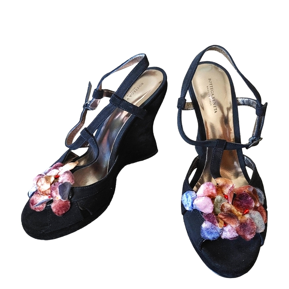 Bottega Veneta Black Suede T-Strap Wedge Heels